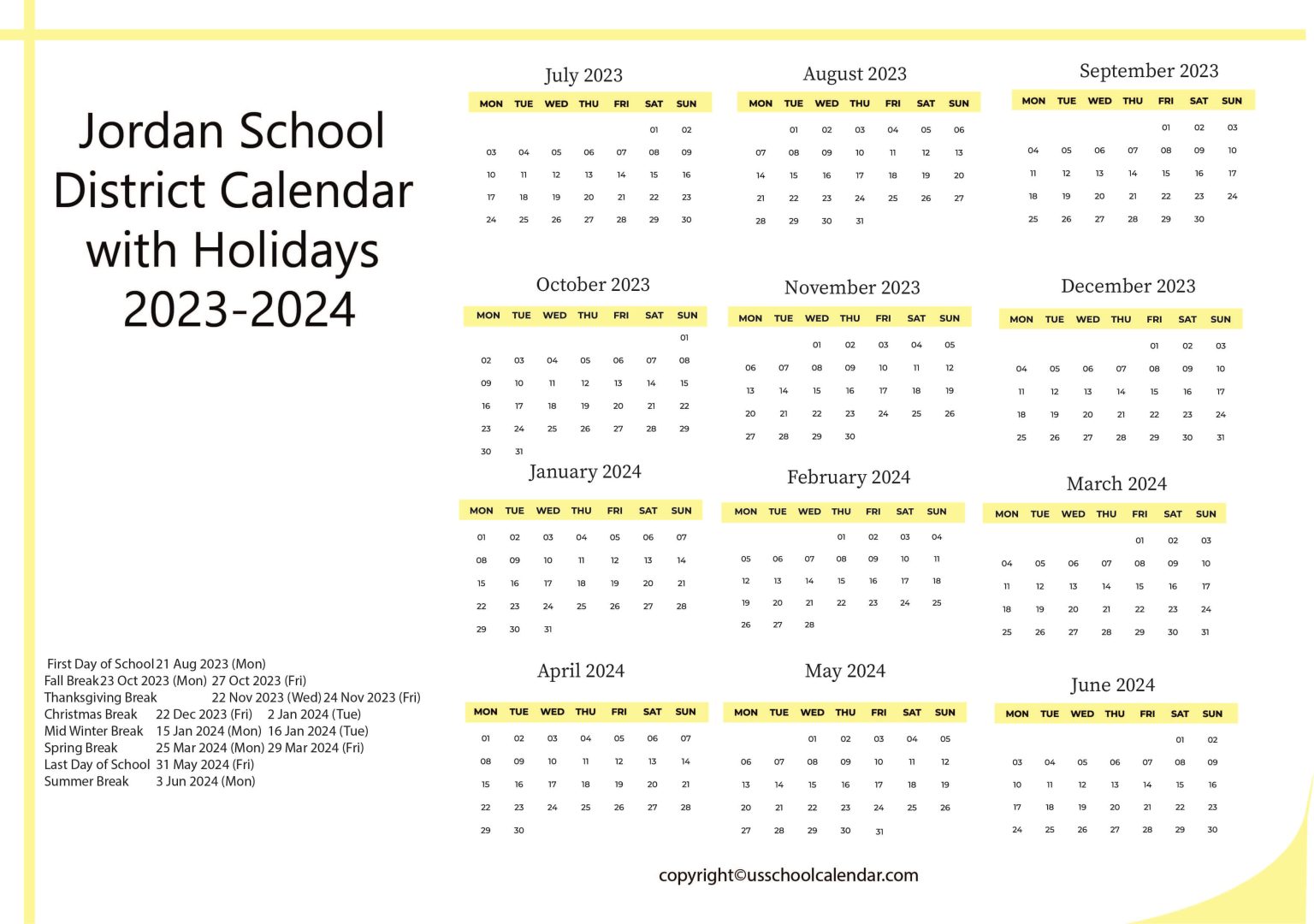 Jordan School District Calendar with Holidays 20232024