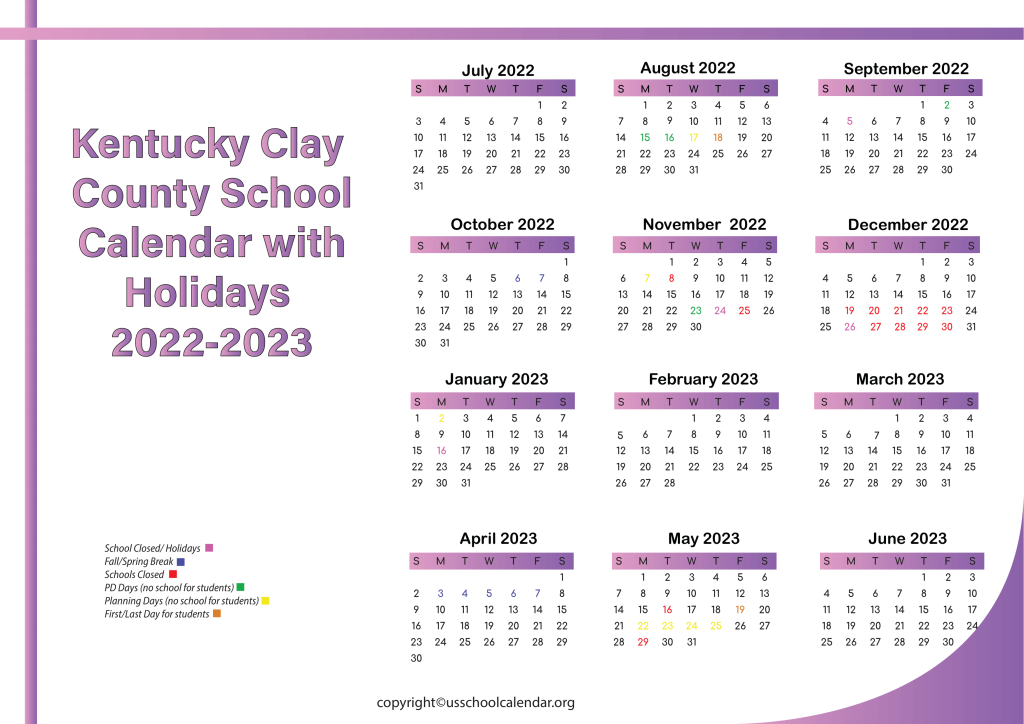 Kentucky Clay County School Calendar with Holidays 2022-2023