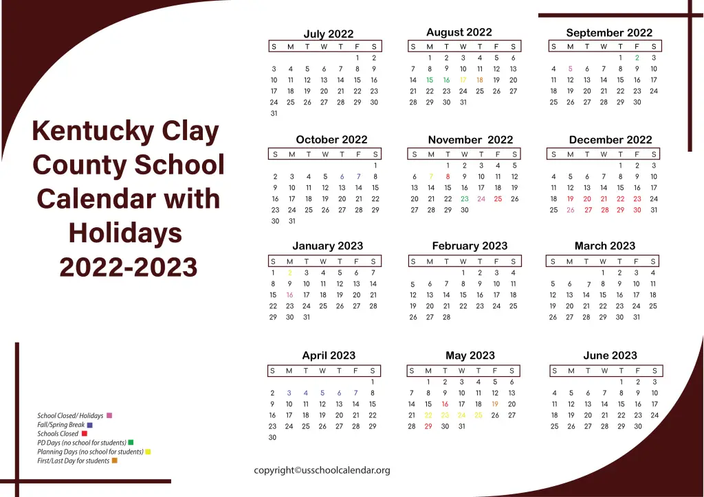 Kentucky Clay County School Calendar with Holidays 2022-2023 2