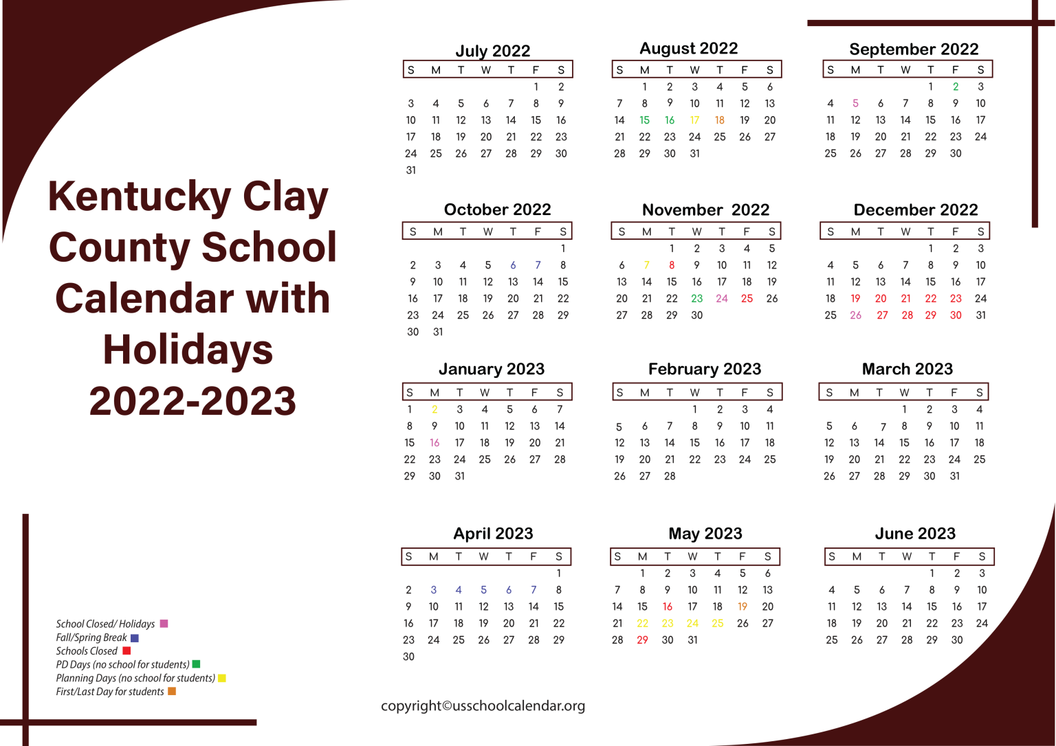 Kentucky Clay County School Calendar with Holidays 20222023