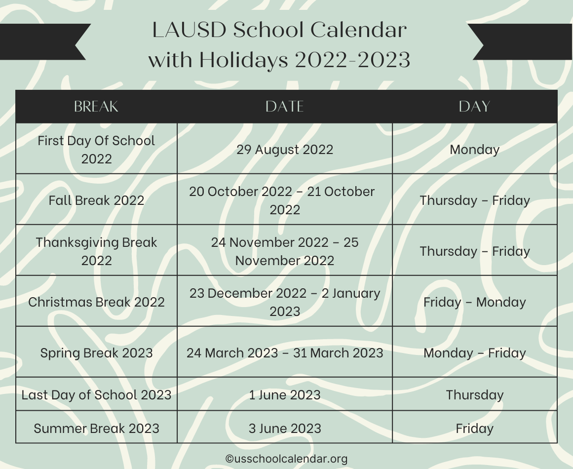 LAUSD School Calendar 20222023 US School Calendar