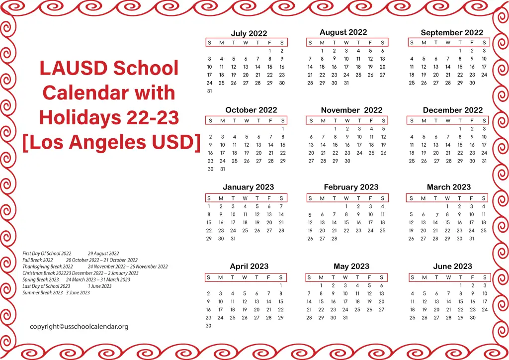 LAUSD School Calendar with Holidays 2223 [Los Angeles USD]