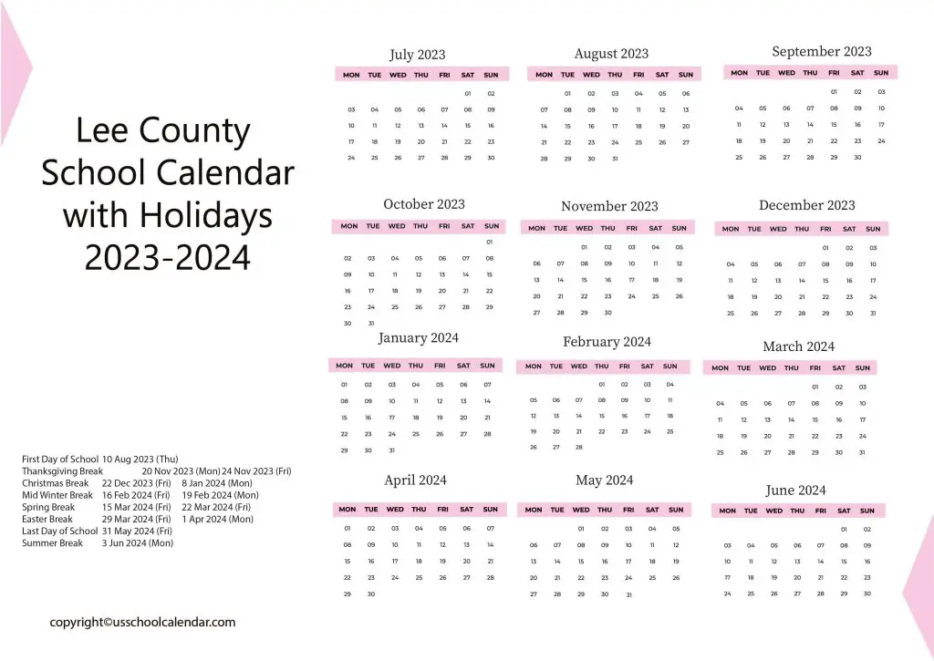 Lee County School Board Calendar