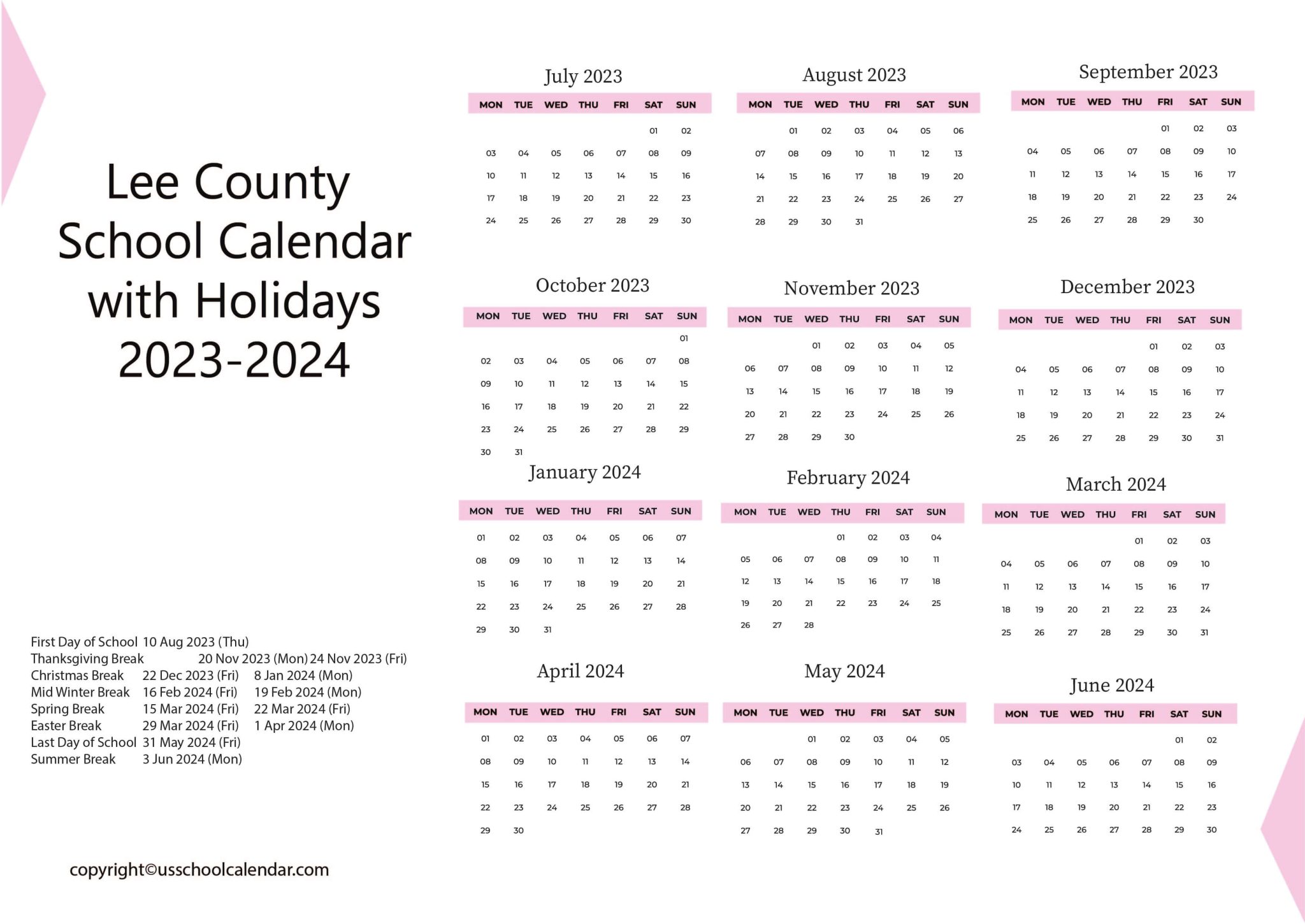 Lee County School Calendar with Holidays 20232024