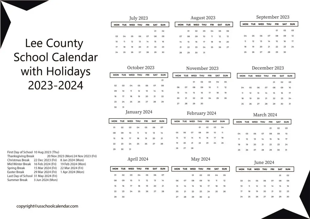 Lee County School Calendar