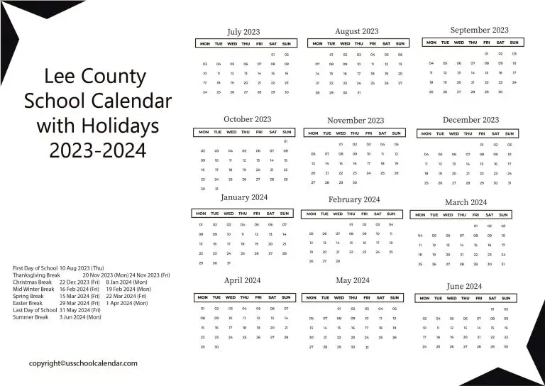 Lee County School Calendar with Holidays 20232024