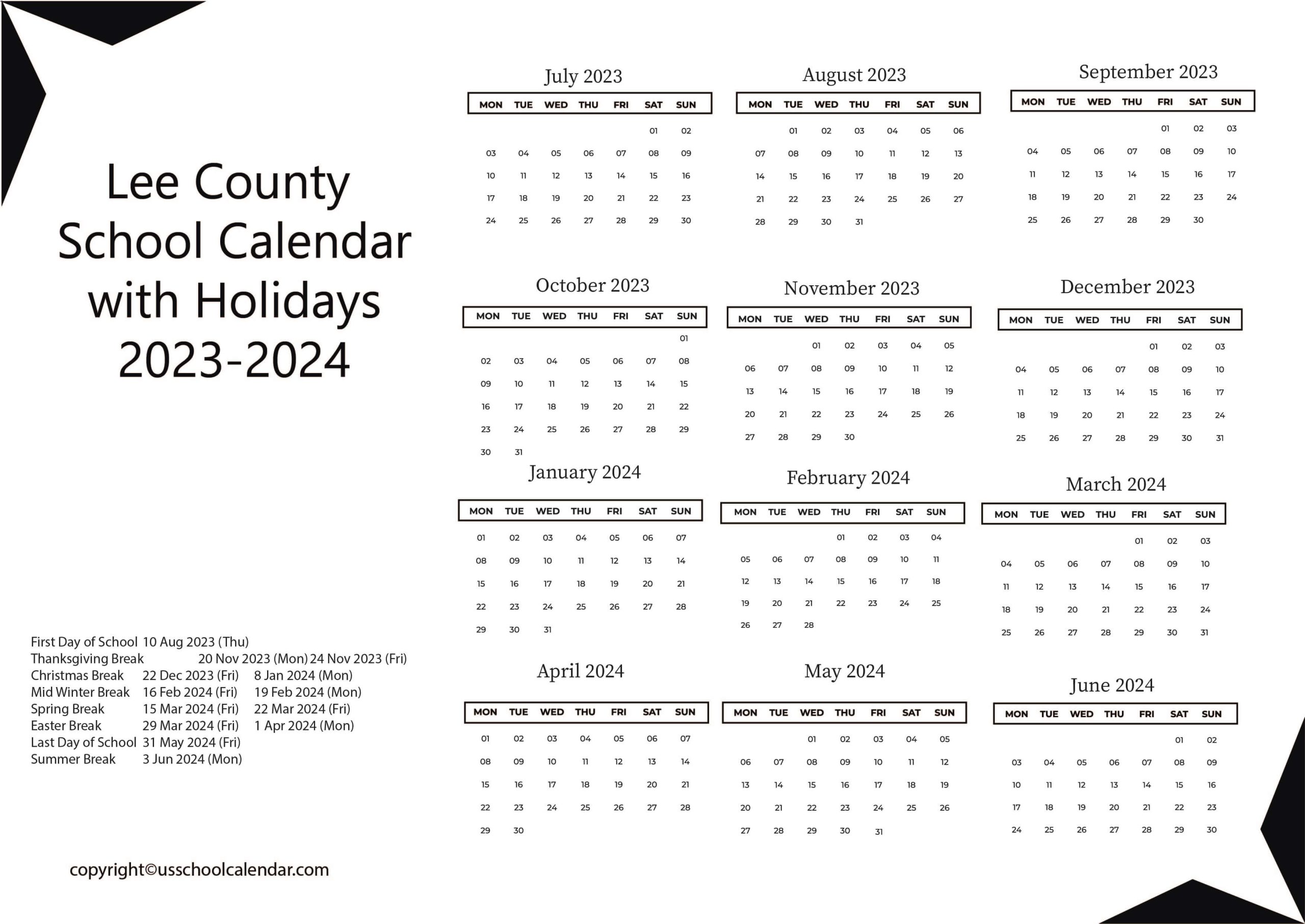 Lee County School Calendar with Holidays 2023-2024