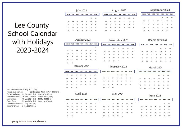 Lee County School Calendar with Holidays 20232024