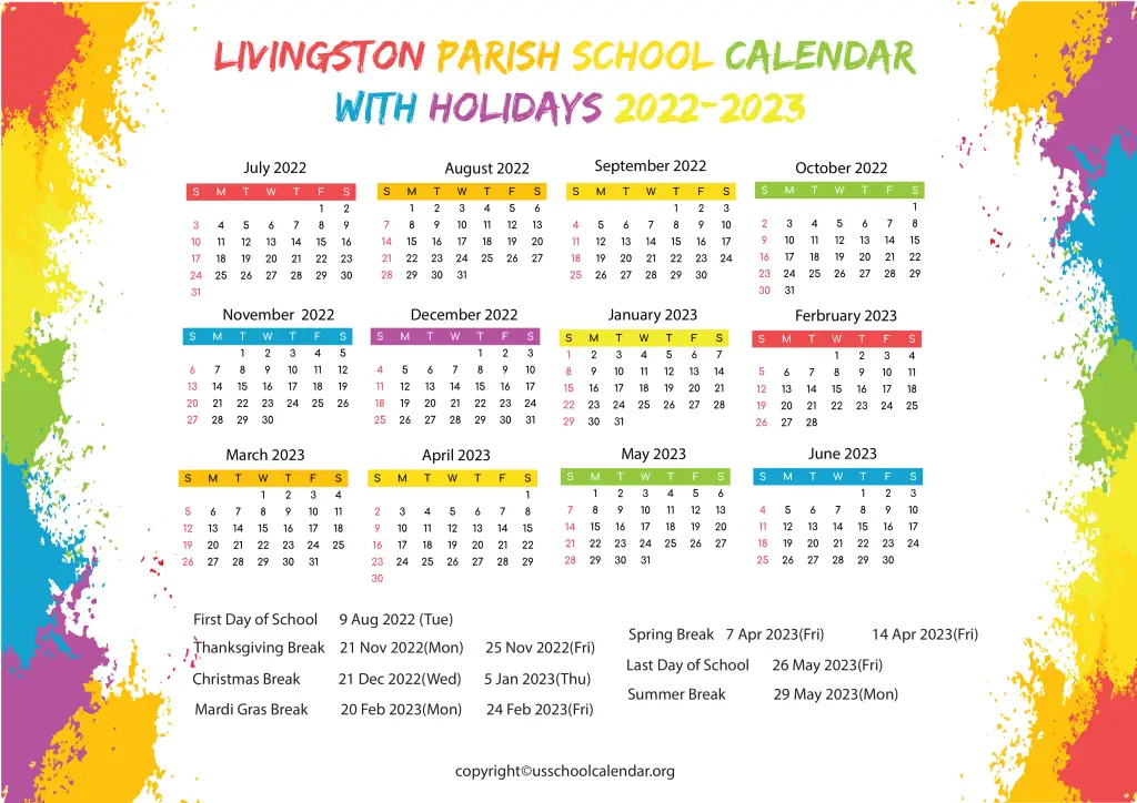 Livingston Parish School Calendar with Holidays 2022-2023