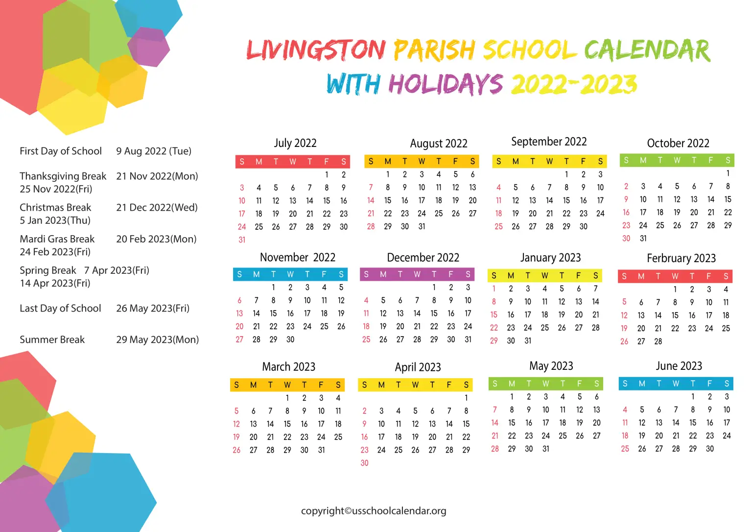 Livingston Parish School Calendar with Holidays 20222023