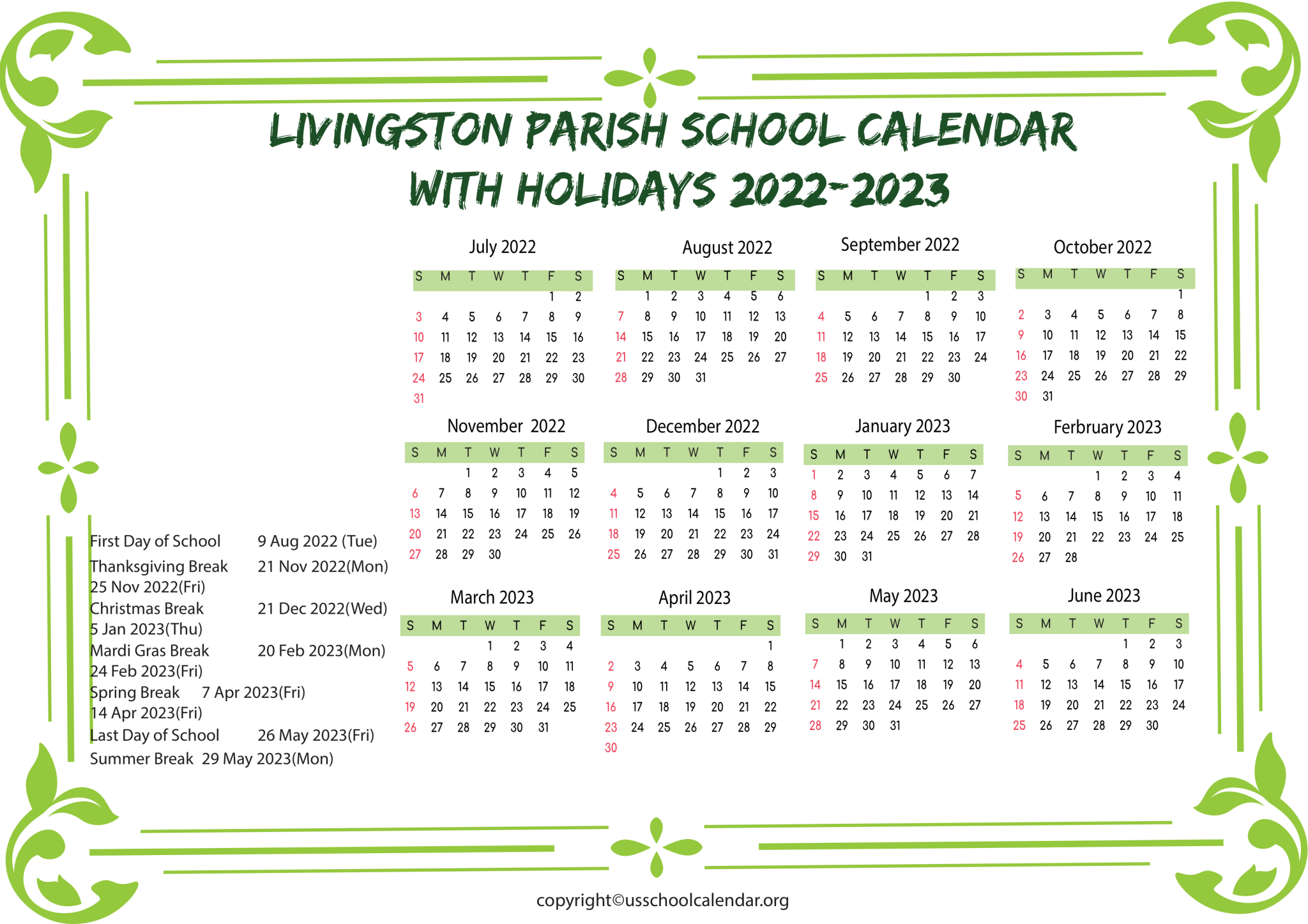 Livingston Parish School Calendar with Holidays 2022 2023