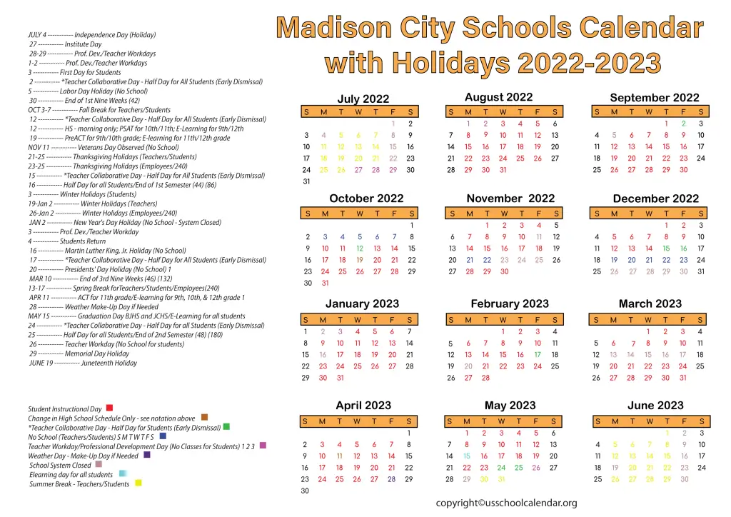 Madison City Schools Calendar with Holidays 2022-2023