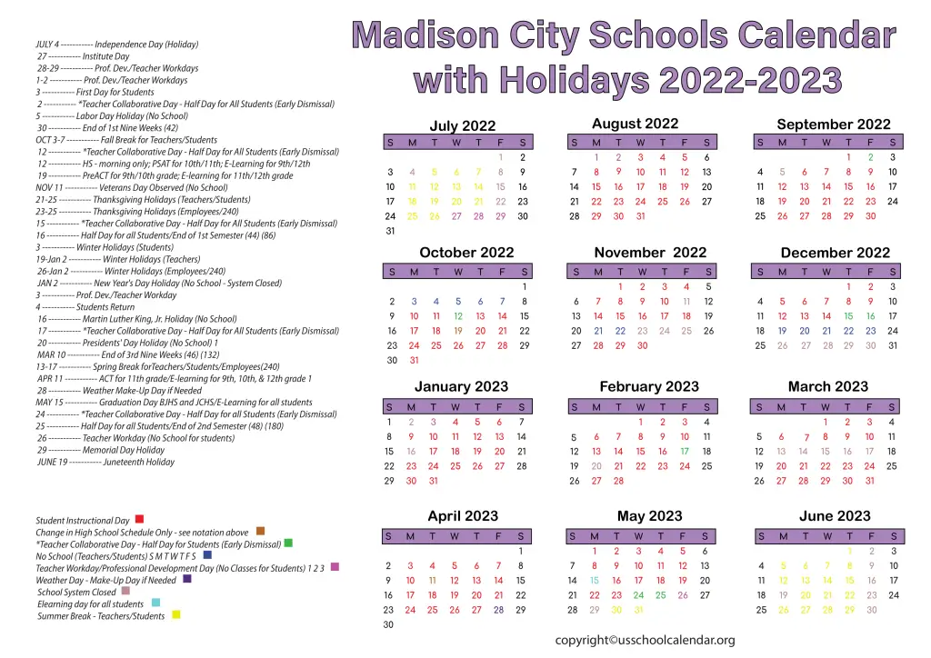 Madison City Schools Calendar with Holidays 2022-2023 3