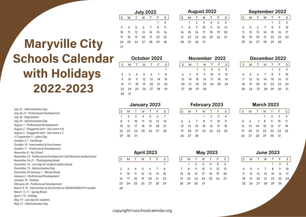 Maryville City Schools Calendar with Holidays 2022-2023