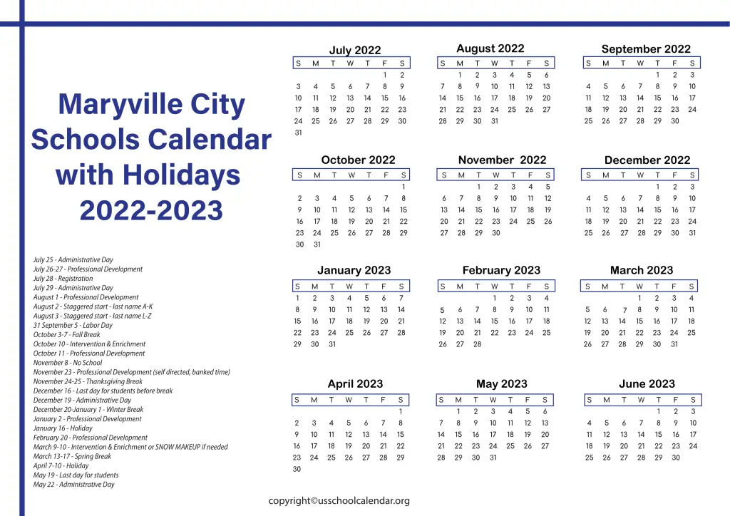 Maryville City Schools Calendar with Holidays 2022-2023 2