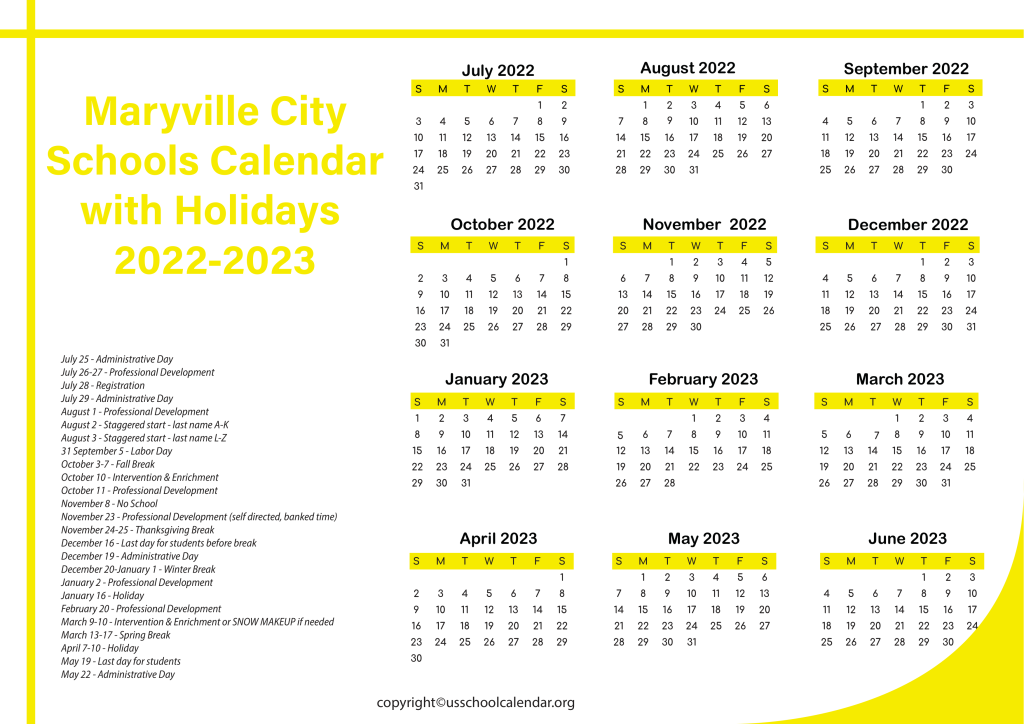 Maryville City Schools Calendar with Holidays 2022-2023 3