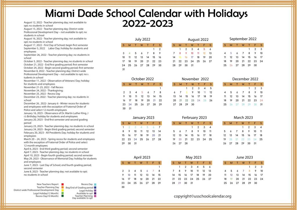 Miami Dade School Calendar with Holidays 2022-2023