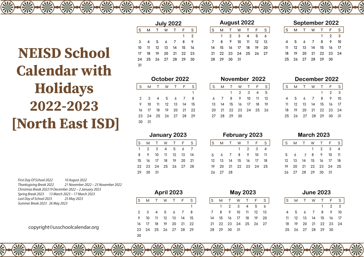 [North East ISD] NEISD School Calendar with Holidays 20222023