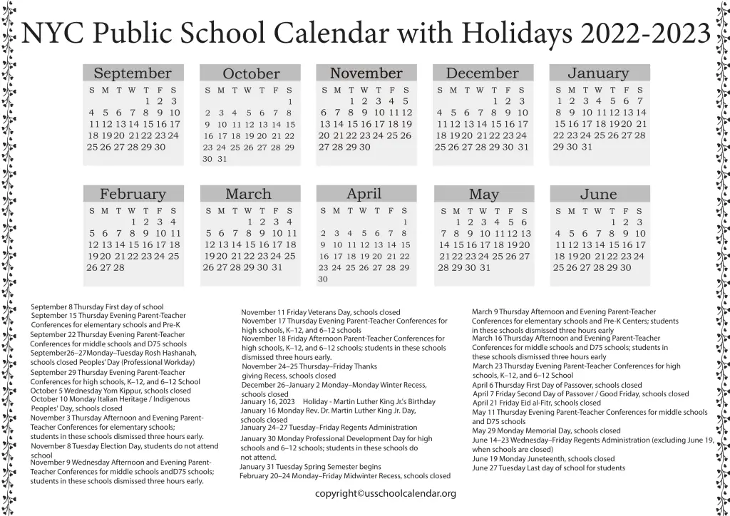 NYC Public School Calendar with Holidays 2022-2023