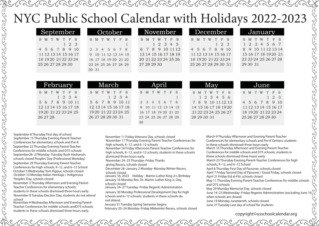 NYC Public School Calendar with Holidays 20222023