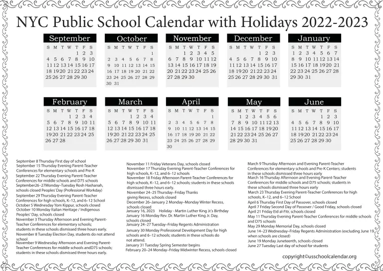 NYC Public School Calendar with Holidays 2022-2023