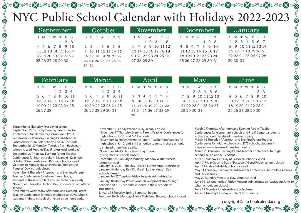 NYC Public School Calendar With Holidays 2022 2023