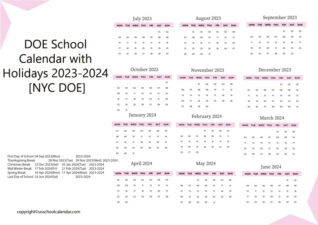 New York City DOE School Calendar