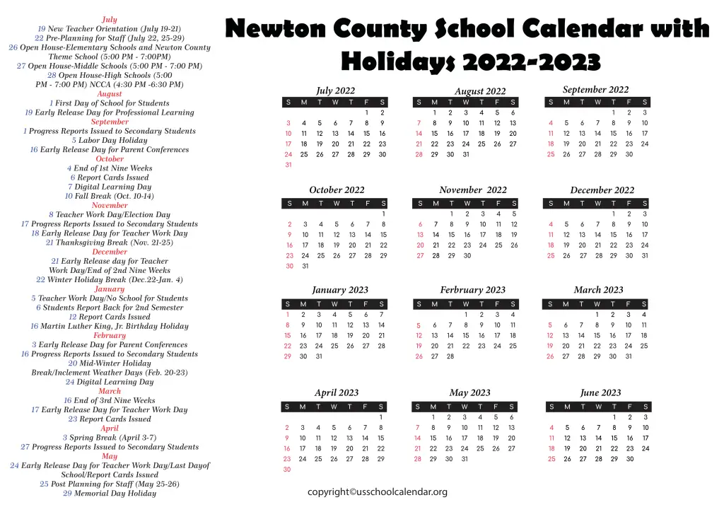 Newton County School Calendar with Holidays 2022-2023