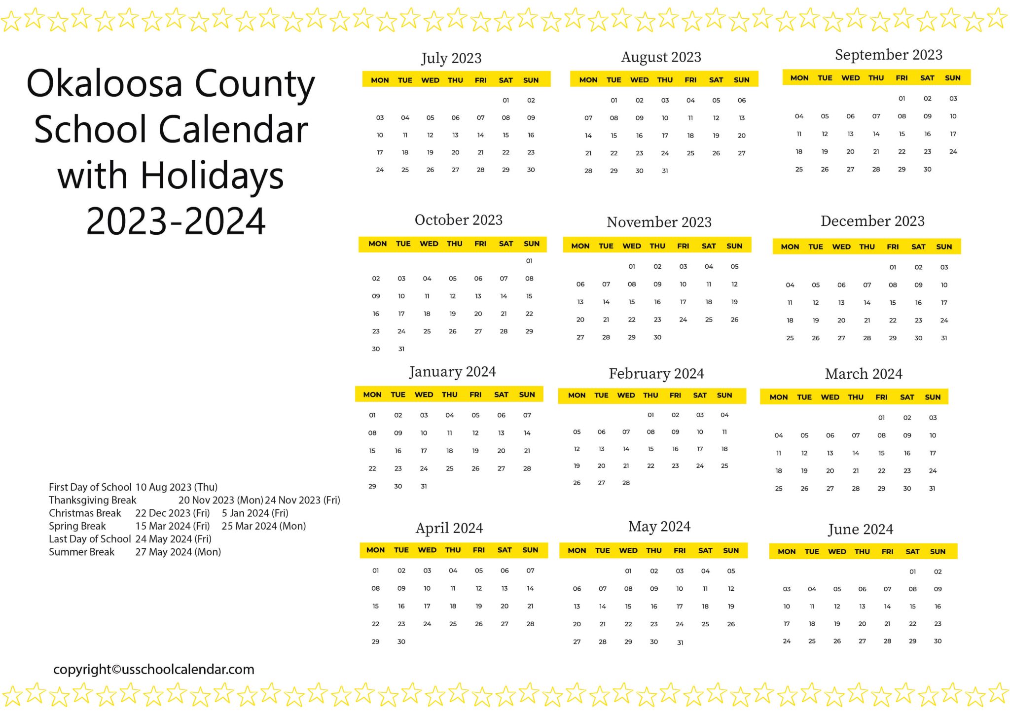Okaloosa County School Calendar with Holidays 20232024