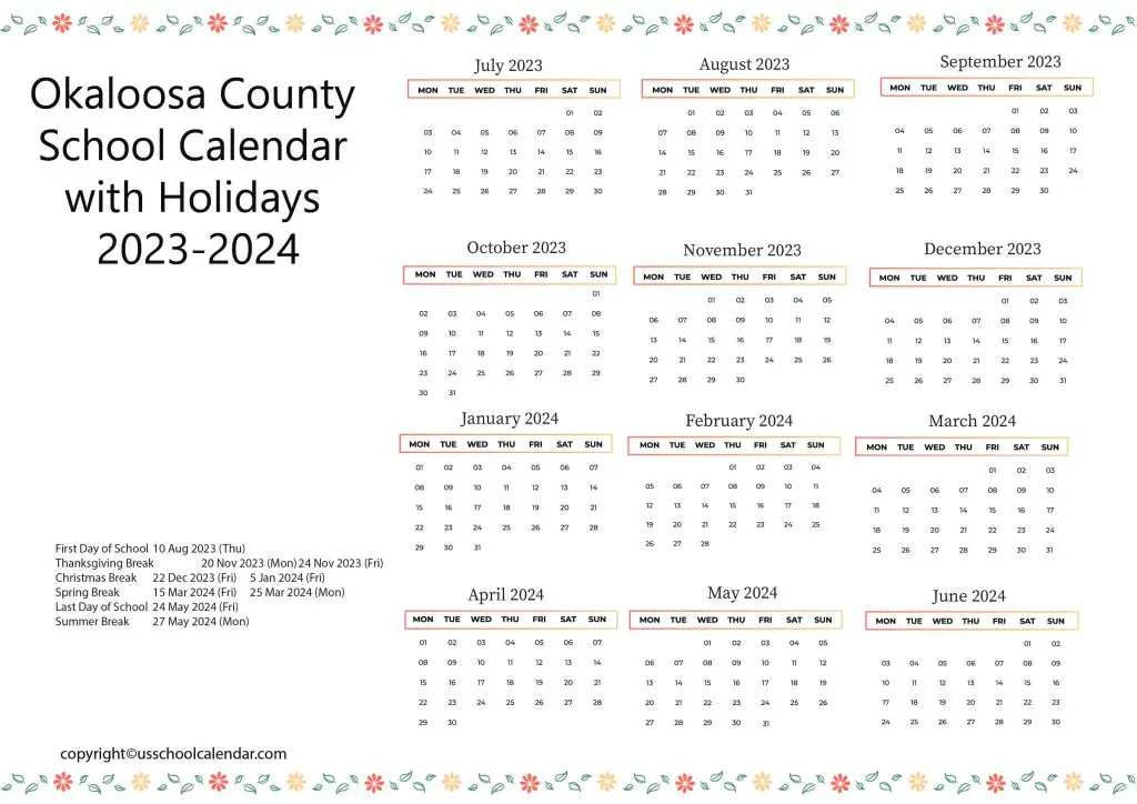 Okaloosa County School District Calendar