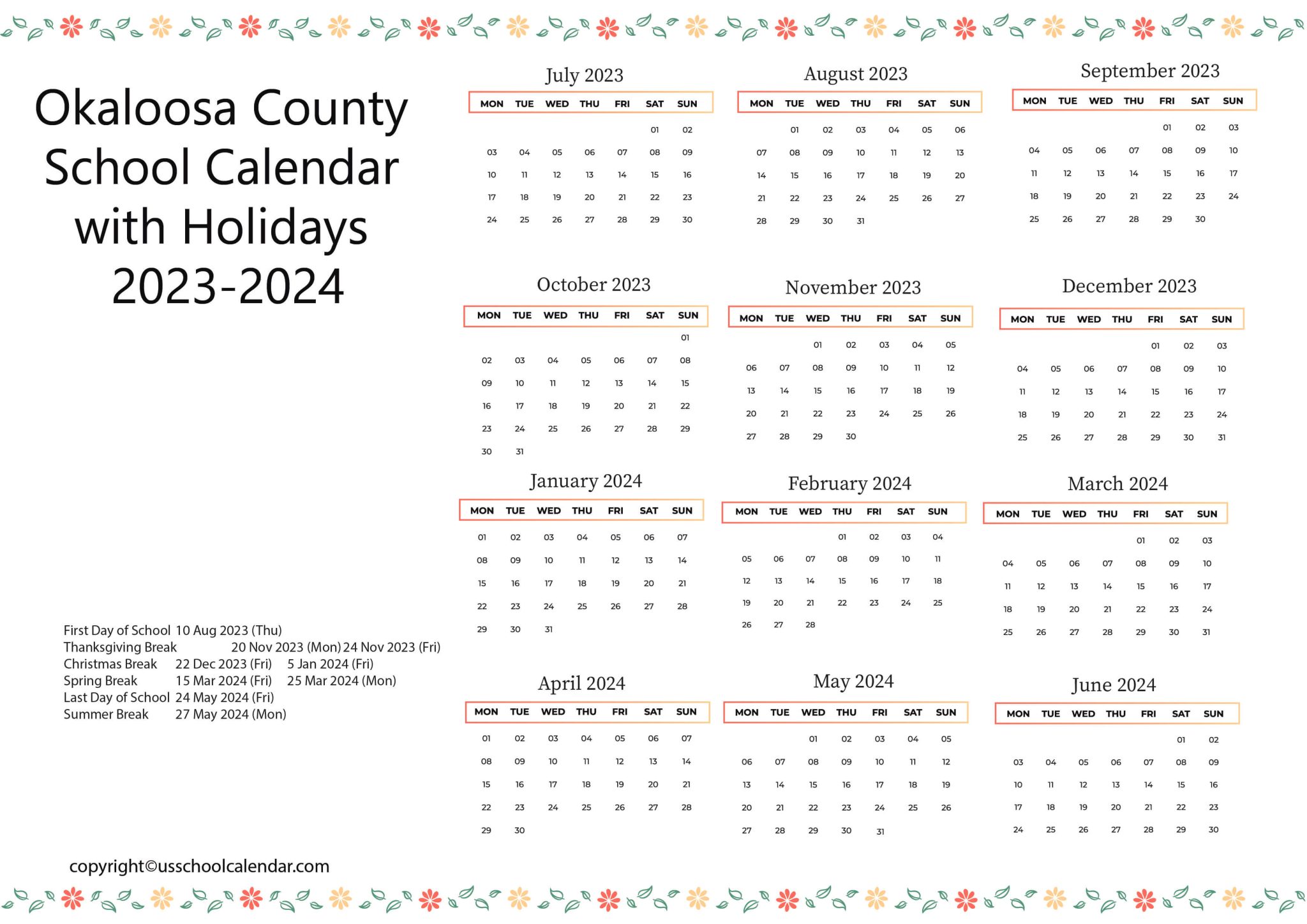 Okaloosa County School Calendar with Holidays 20232024