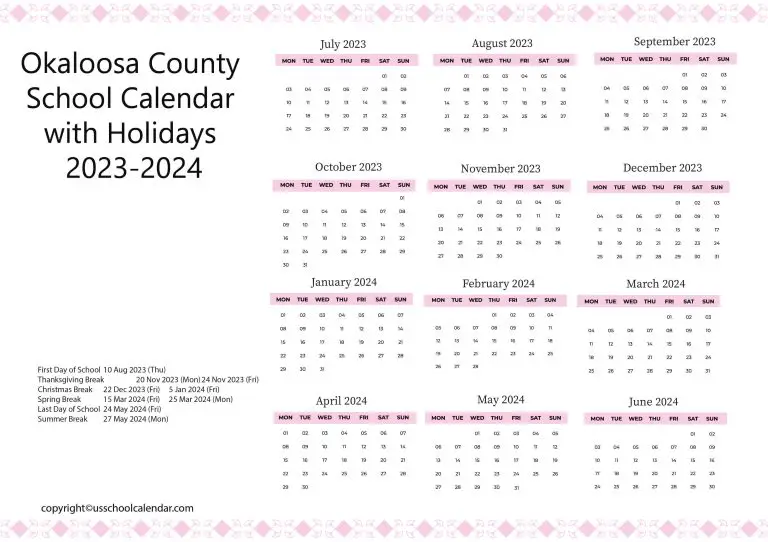 Okaloosa County School Calendar with Holidays 20232024