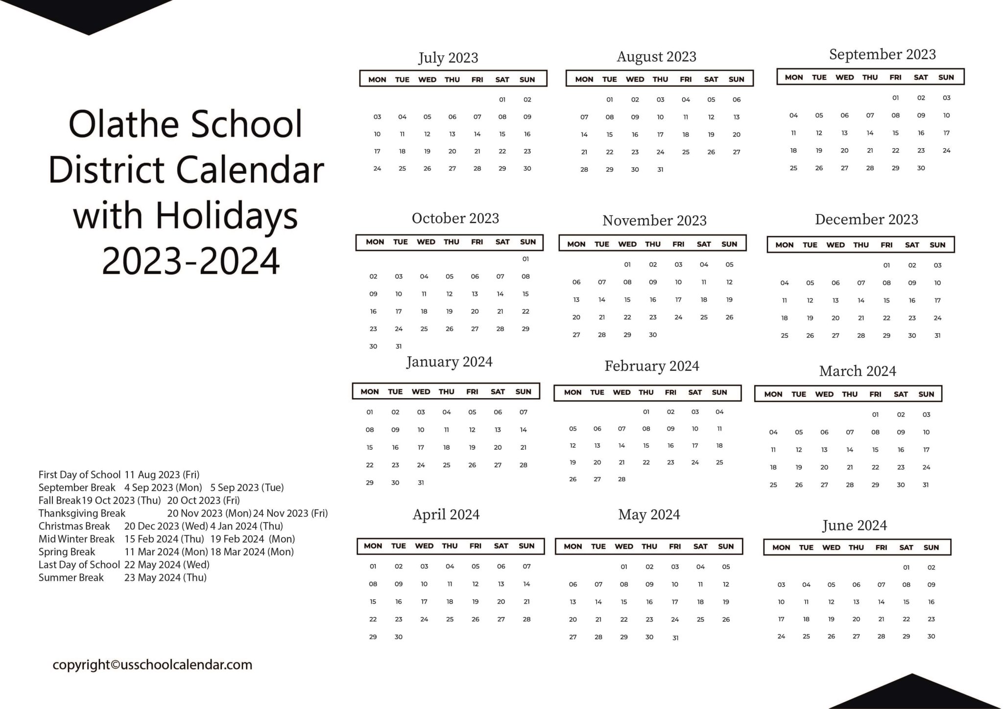 Olathe School District Calendar with Holidays 20232024