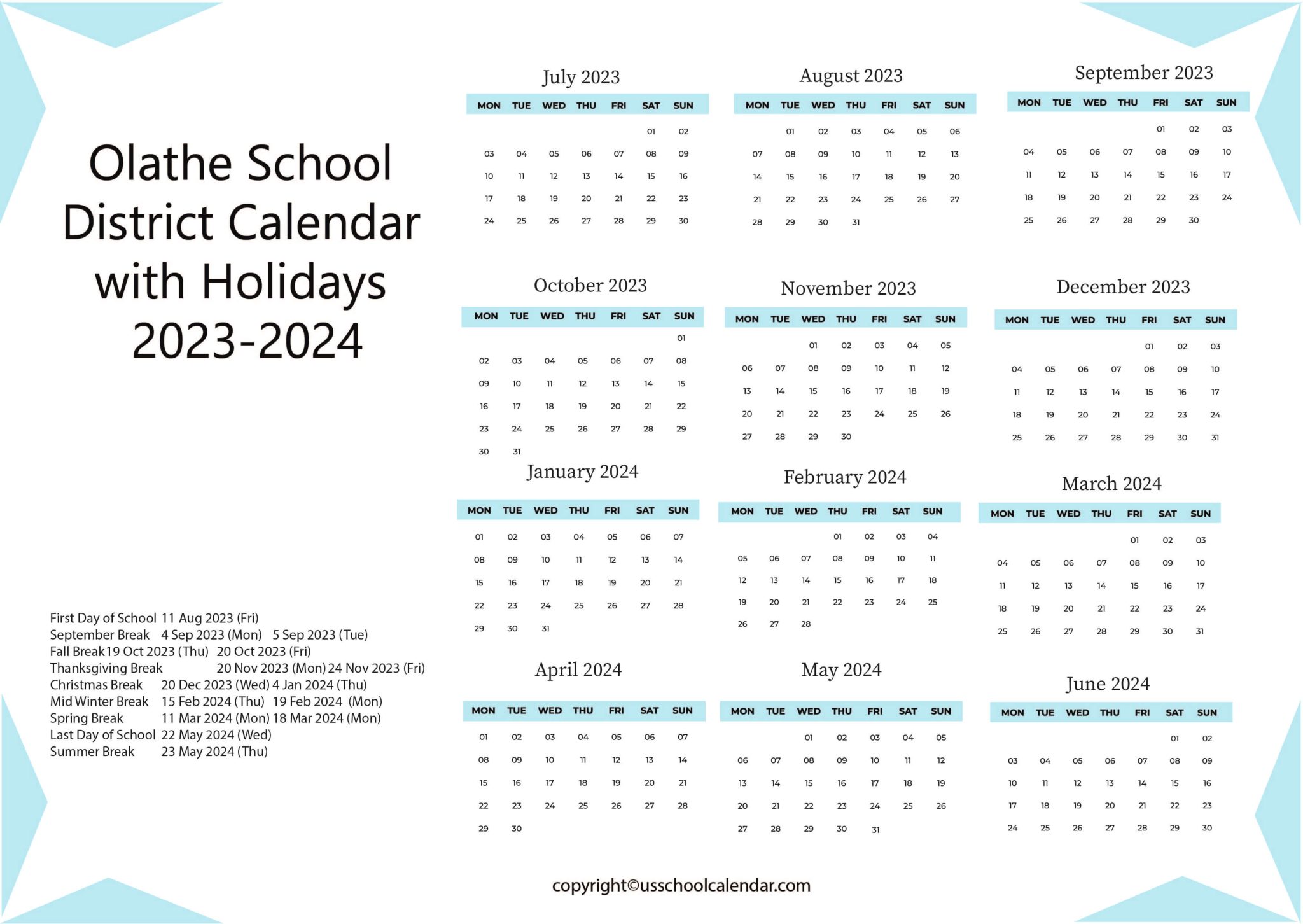 Olathe School District Calendar with Holidays 20232024
