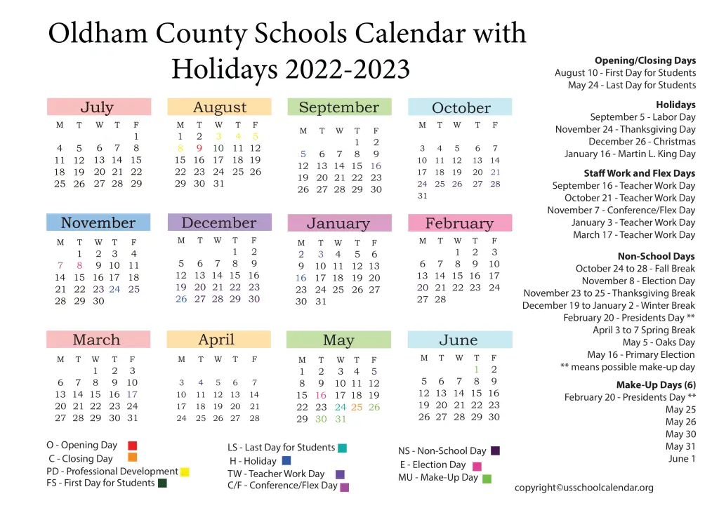 Oldham County Schools Calendar with Holidays 2022-2023