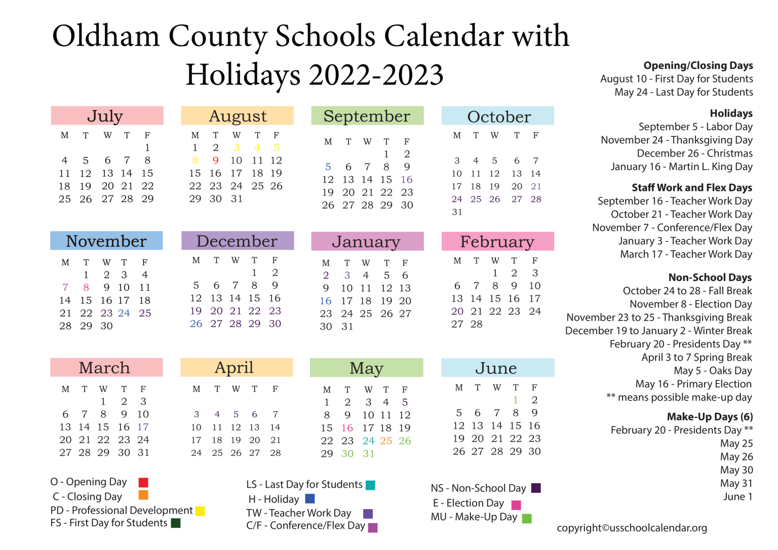 Oldham County Schools Calendar with Holidays 20222023
