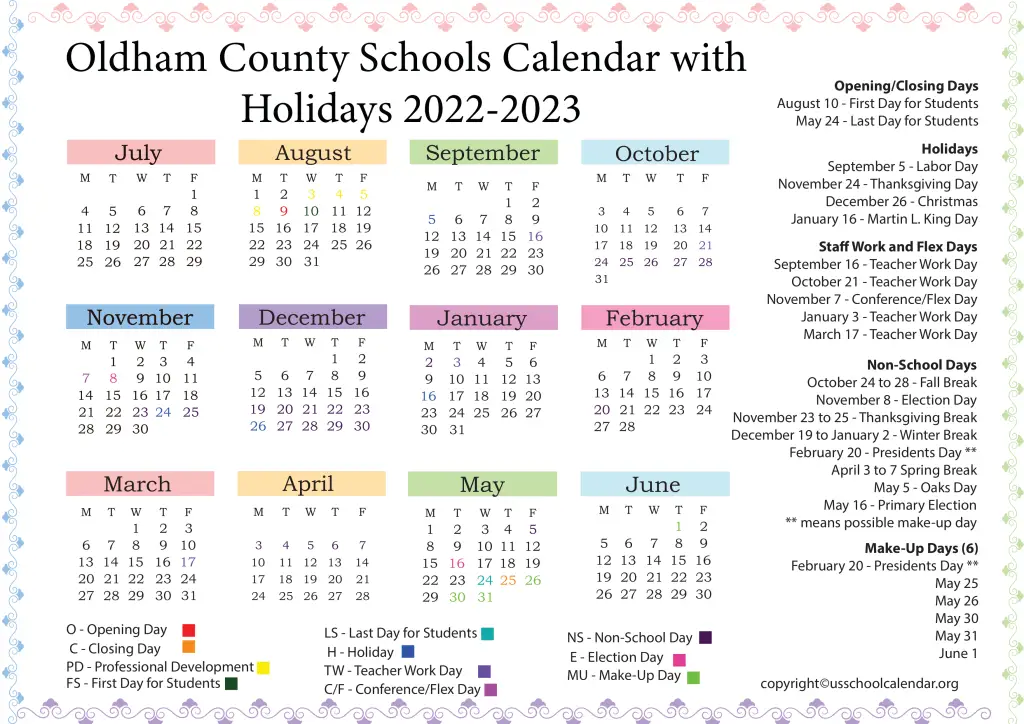 Oldham County Schools Calendar with Holidays 2022-2023