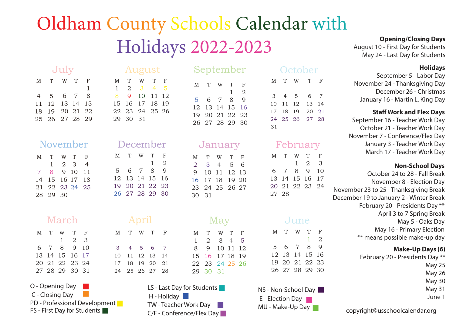 Oldham County Schools Calendar with Holidays 2022 2023