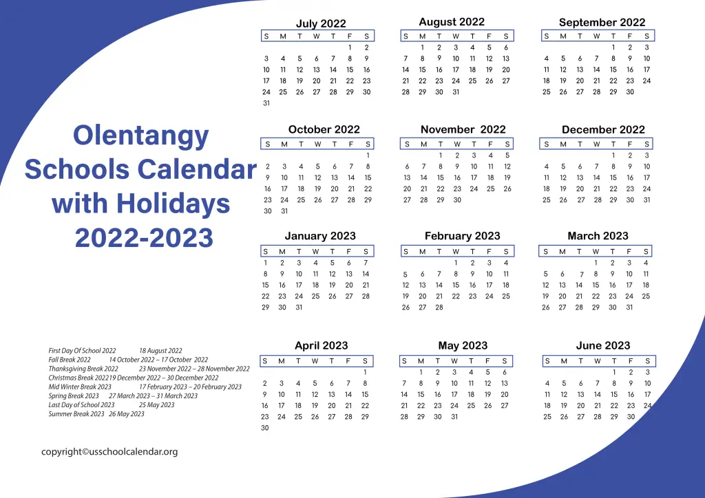Olentangy Schools Calendar with Holidays 2022-2023