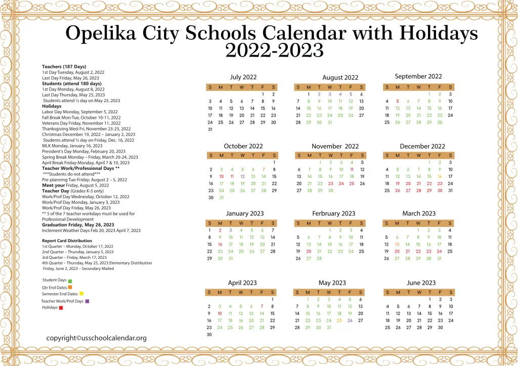 Opelika City Schools Calendar with Holidays 2022-2023