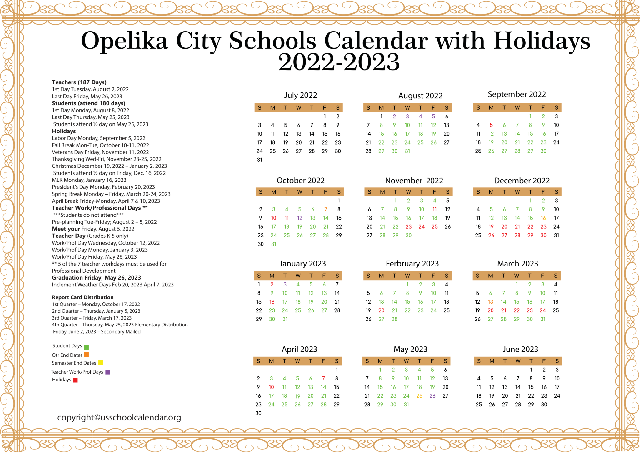 Opelika City Schools Calendar with Holidays 2023-2024