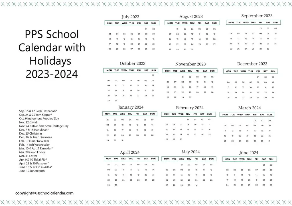 PPS Schools Holiday Calendar