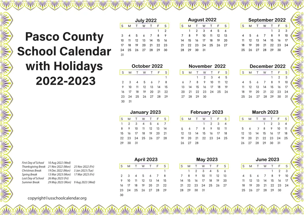 Pasco County School Calendar with Holidays 2022-2023