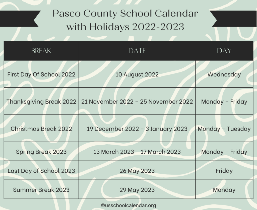 Pasco County School Calendar with Holidays 2022-2023