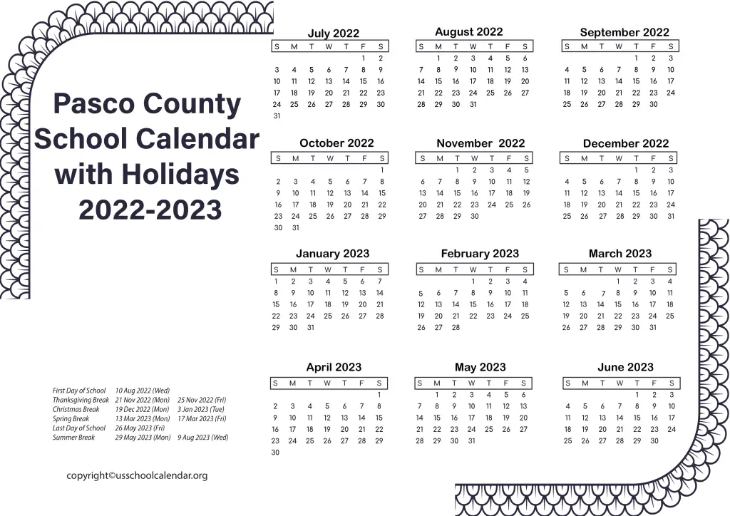 Pasco County School Calendar with Holidays 2022-2023 2