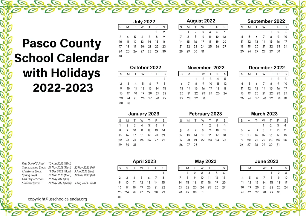 Pasco County School Calendar with Holidays 2022-2023 3