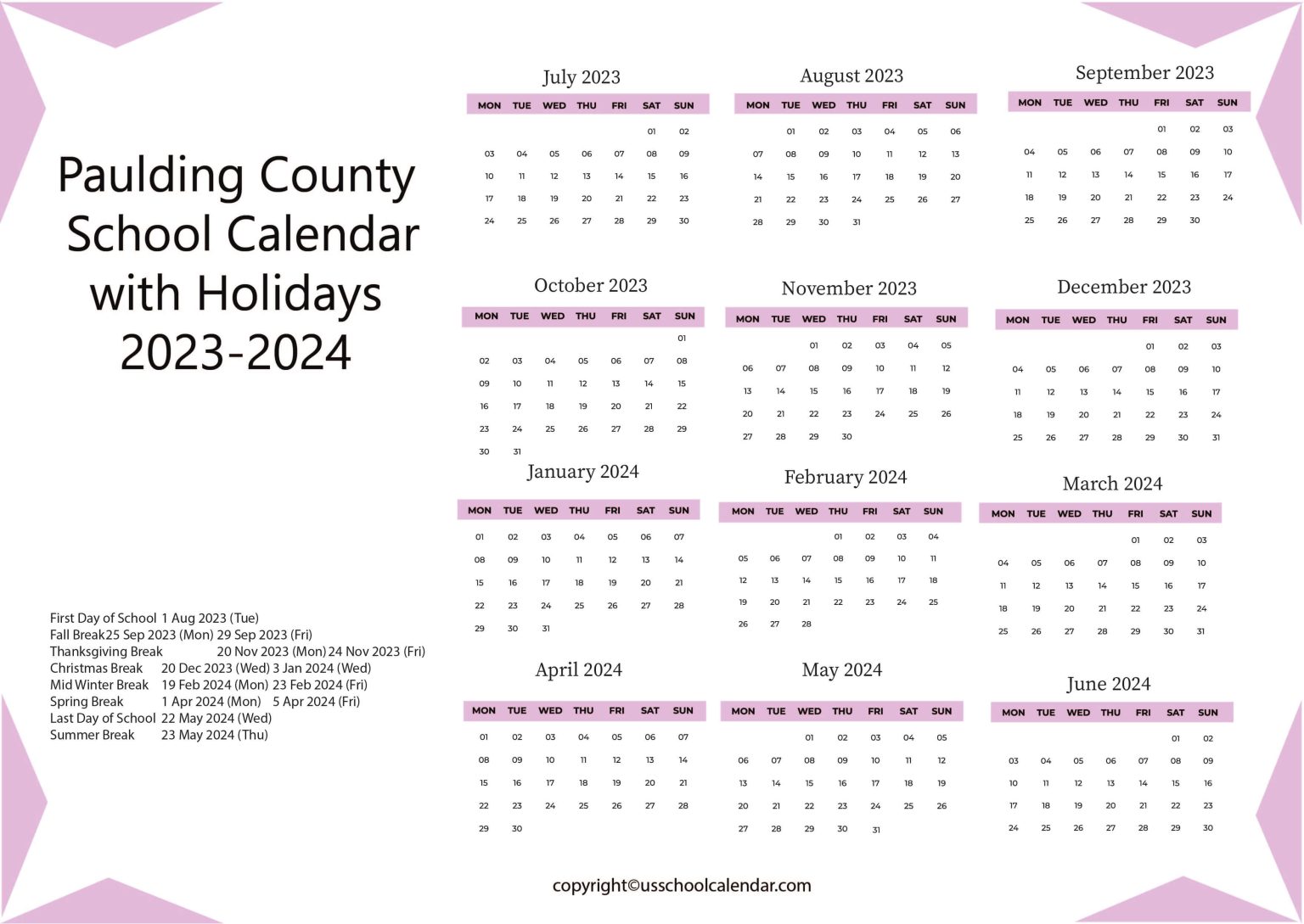 Paulding County School Calendar with Holidays 20232024