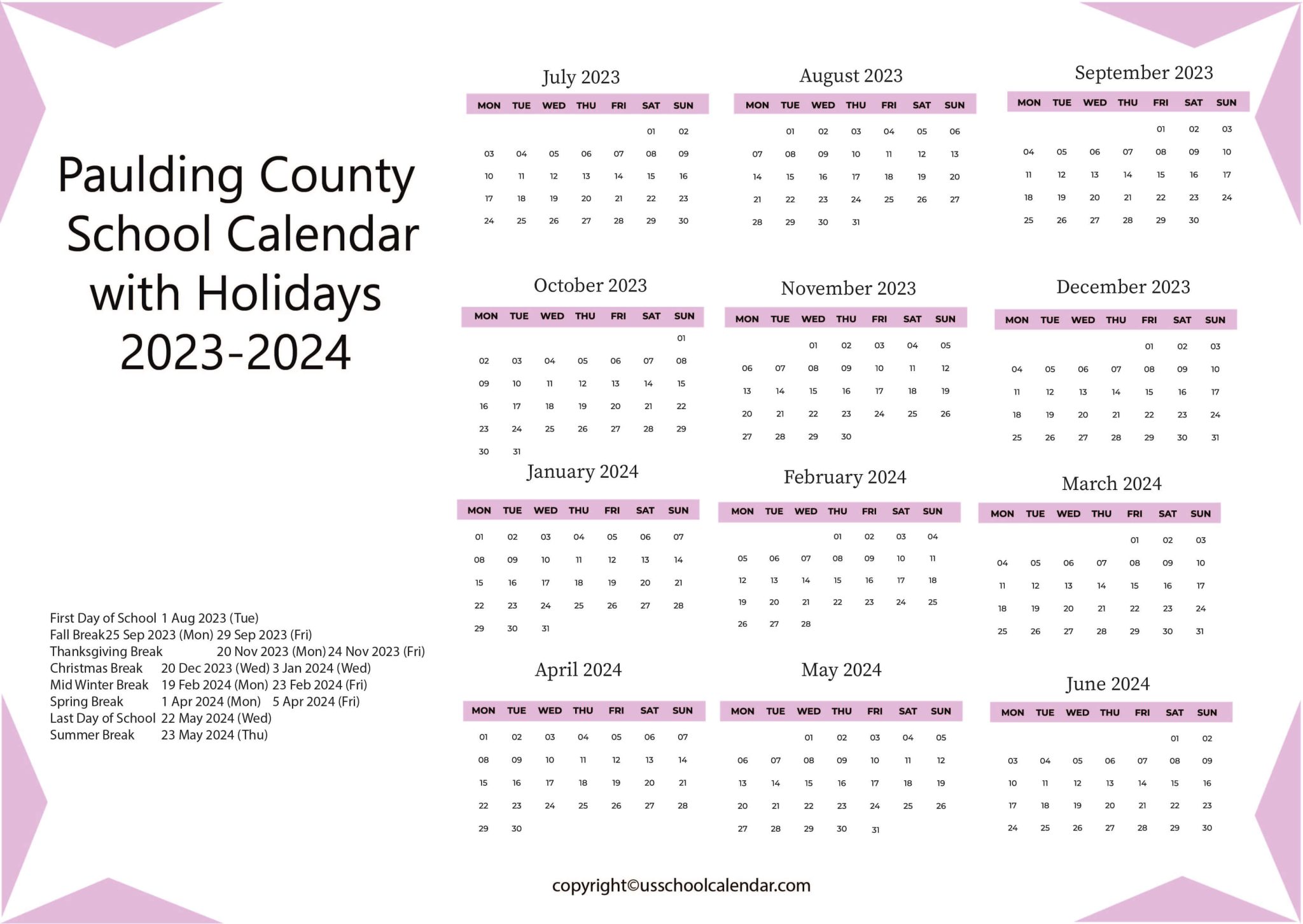 Paulding County School Calendar with Holidays 20232024