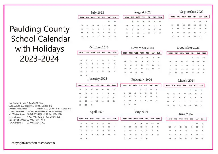 Paulding County School Calendar with Holidays 20232024