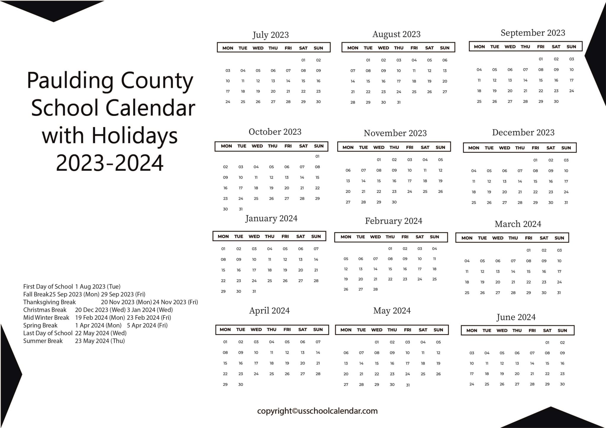 Paulding County School Calendar with Holidays 2023 2024
